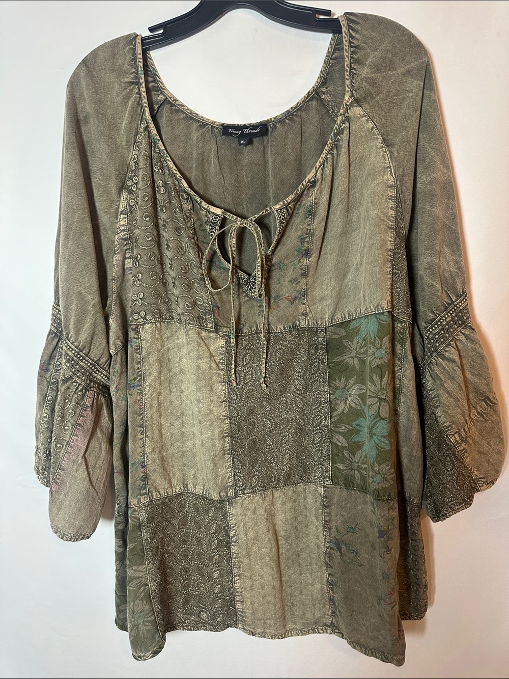 Young threads Boho Olive Patchwork Tie-Neck Tunic